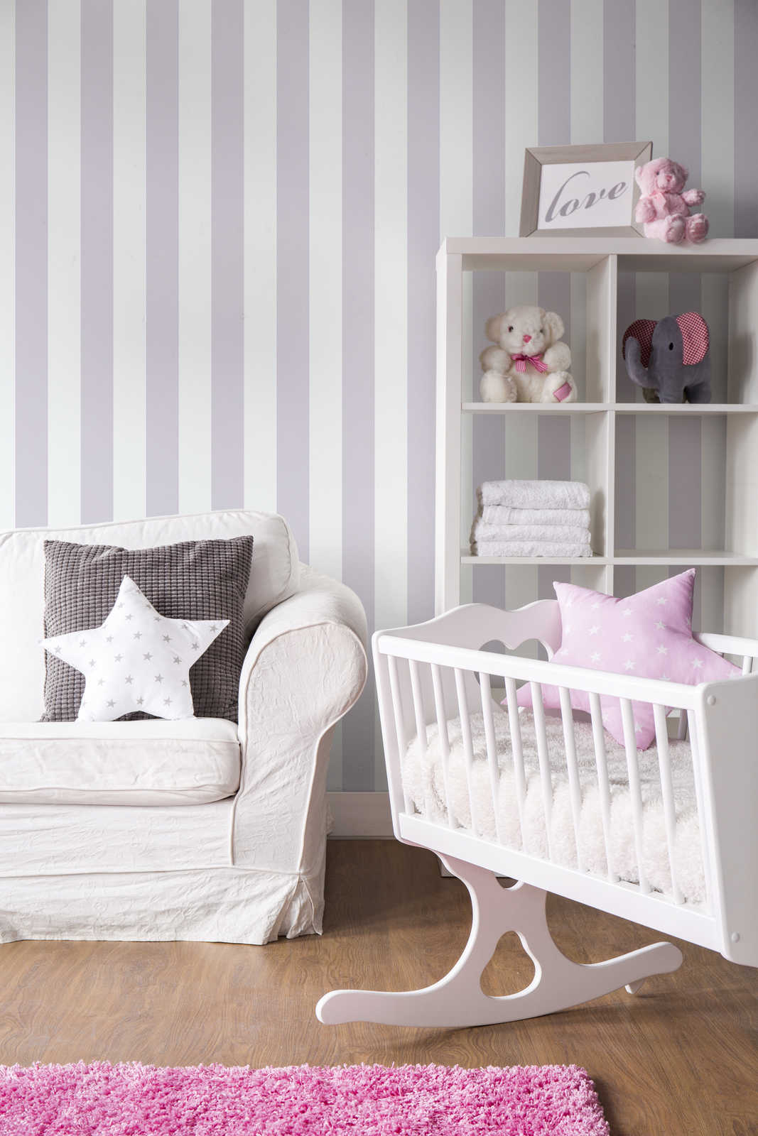             Kinderzimmer Tapete vertikale Streifen – Grau, Weiß
        