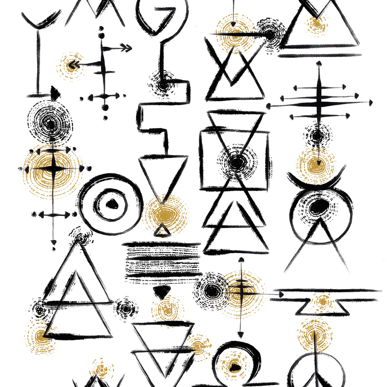 Tapete mit abstrakten Symbolen auf hellem Hintergrund – Weiß, Schwarz, Gold
