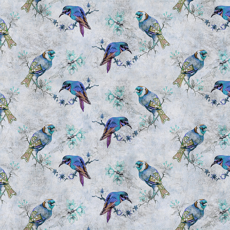Love birds 1 - Fototapete Vogel-Muster im Zeichenstil in kratzer Struktur – Blau, Grau | Perlmutt Glattvlies
