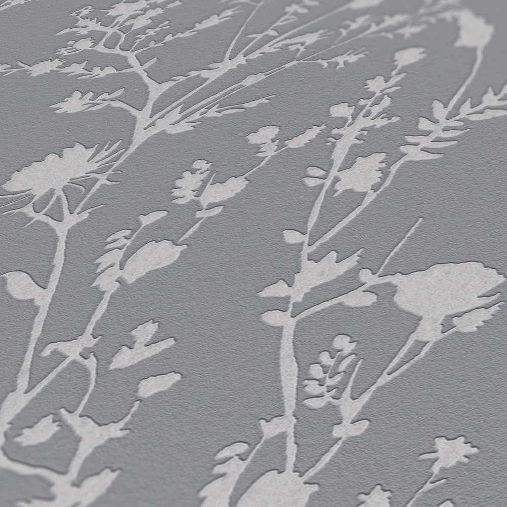             Florale Tapete mit sanfter Gräser und Blüten Bemusterung – Grau, Silber
        