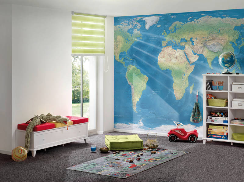 Raumbild Fototapete Weltkarte in natürlicher Farbgebung