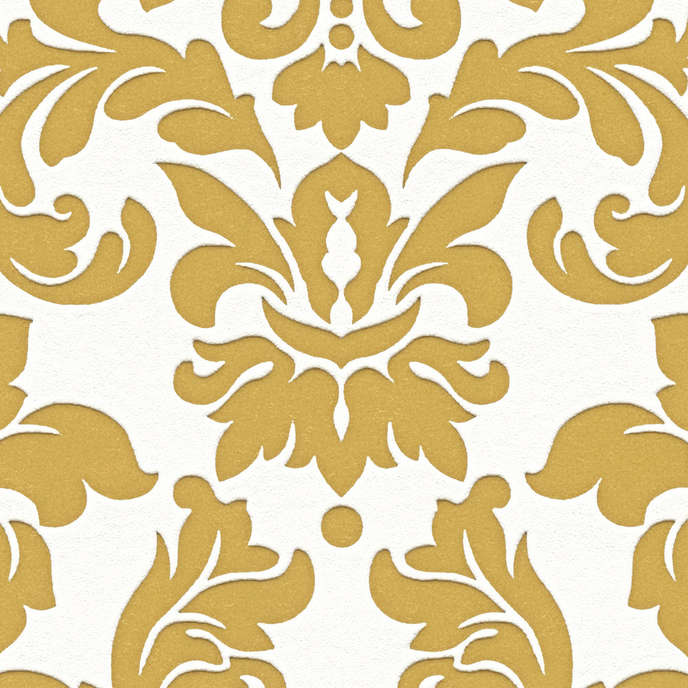             Goldene Tapete mit Barock Ornament – Metallic, Weiß
        