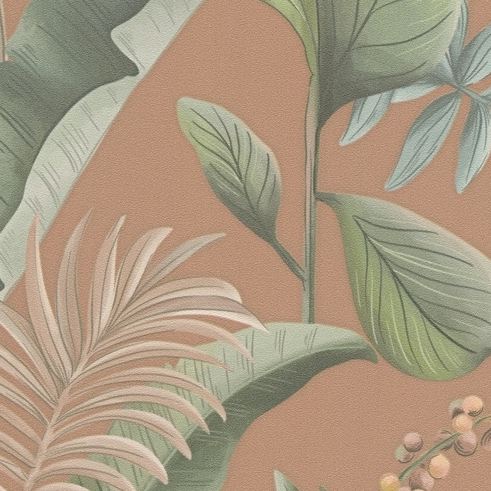             Florale Dschungeltapete mit Blättern matt strukturiert – Orange, Rot, Grün
        