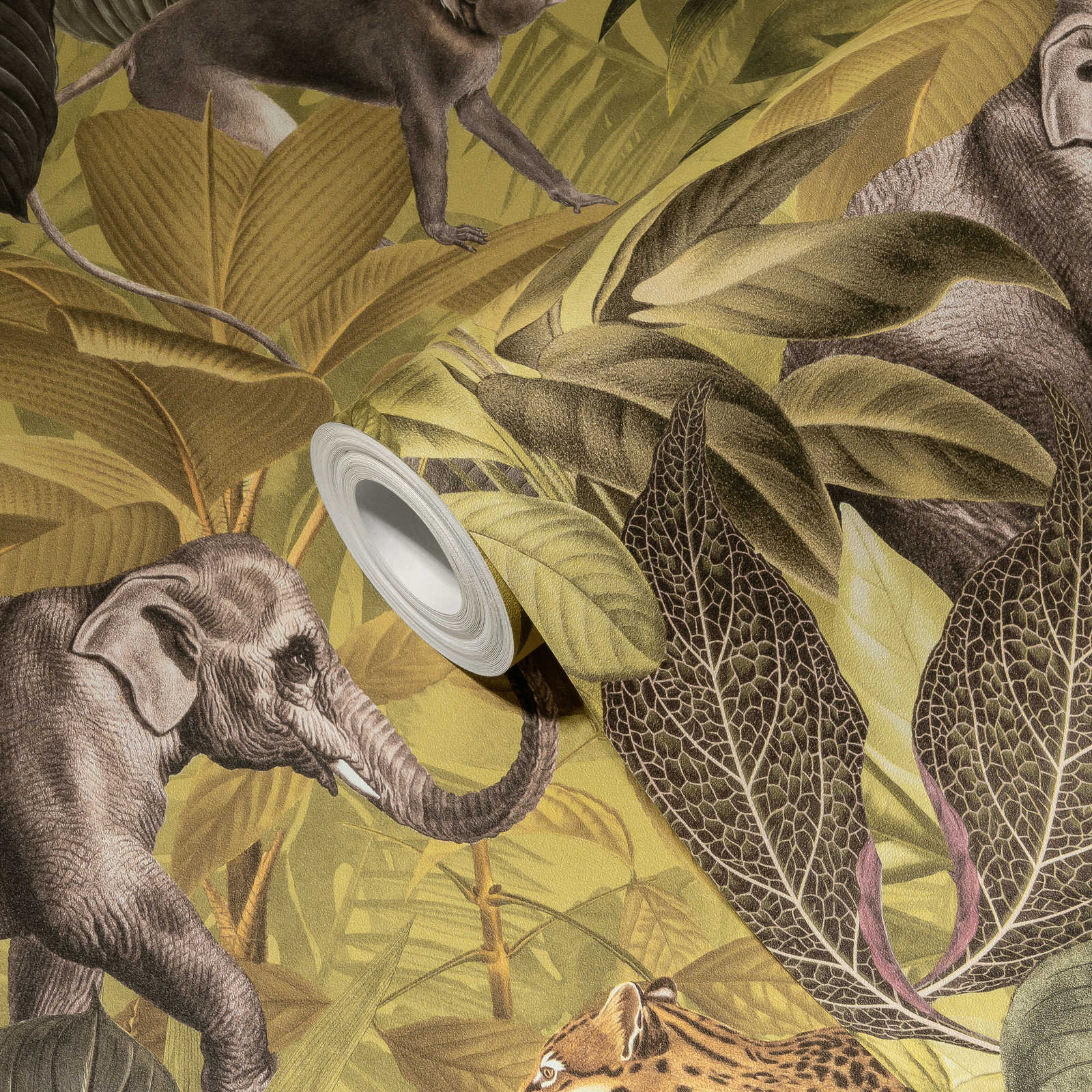             Dschungel Tapete mit Tieren, Kindermotiv – Braun, Grün
        