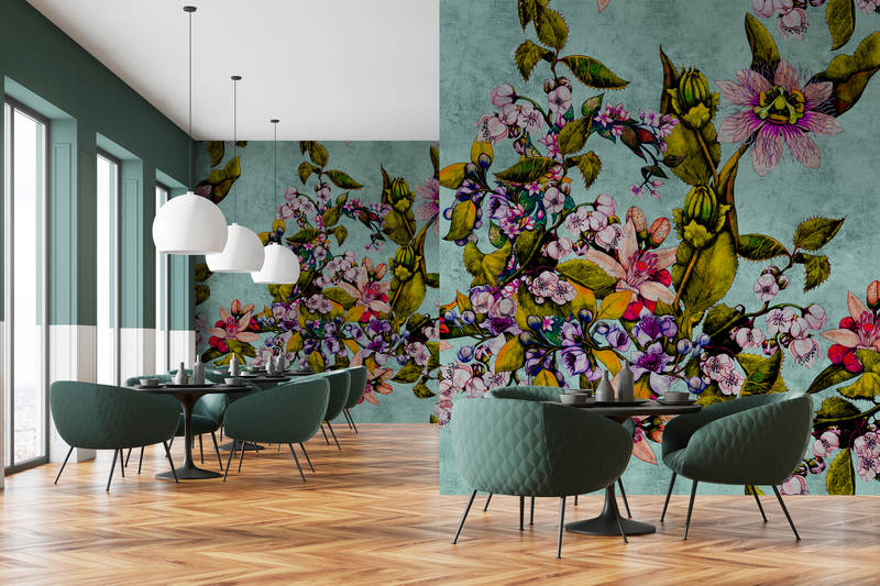             Tropical Passion 2 - Fototapete in kratzer Struktur mit Blüten und Knospen – Grün | Perlmutt Glattvlies
        