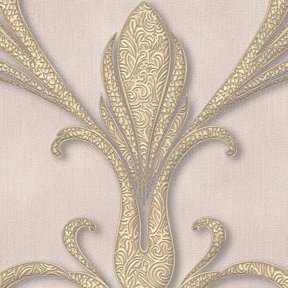             Filigrane Ornament Tapete im Barockstil – Gold, Lila, Braun
        