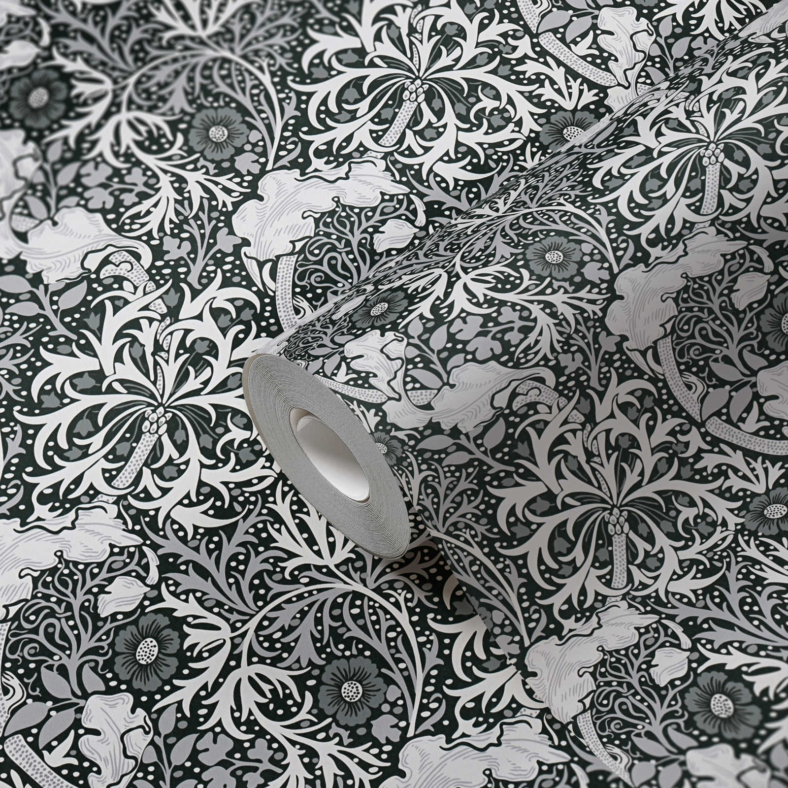             Vliestapete mit floralem Muster Ranken und Blumen – Weiß, Schwarz, Grau
        