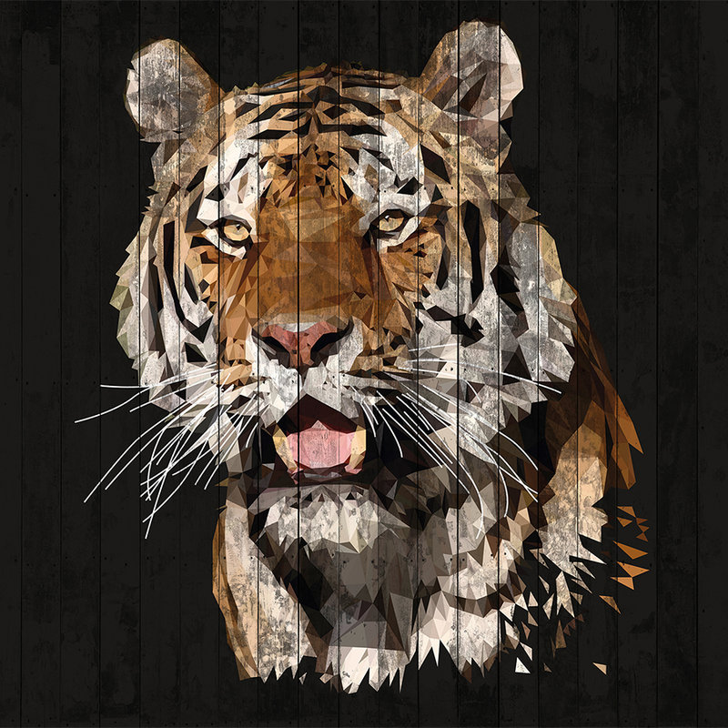 Fototapete Tiger mit Holzoptik & Polygon Stil – Braun, Weiß, Schwarz
