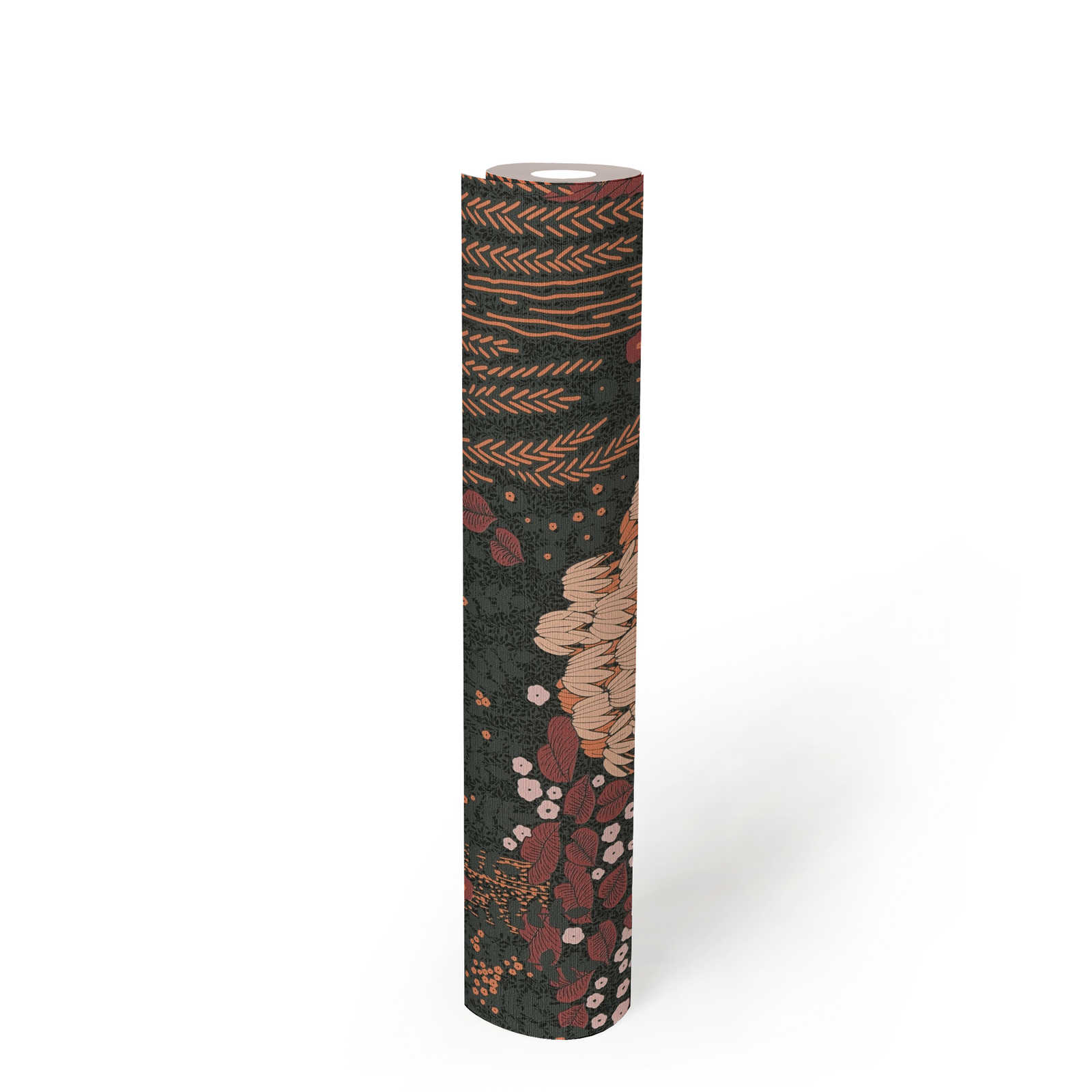             Vliestapete floral mit Blättern leicht strukturiert, matt – Schwarz, Rot, Rosa
        