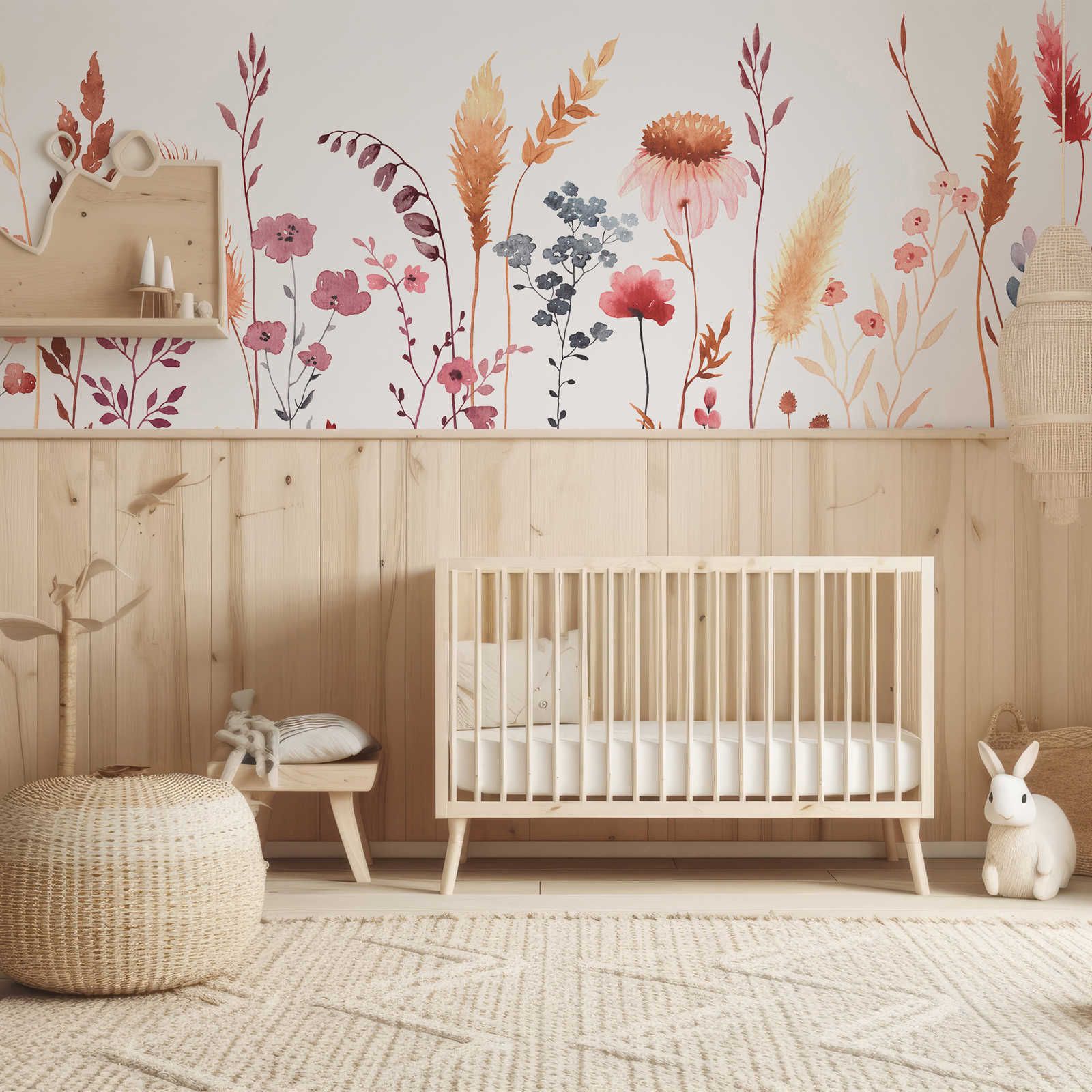 Fototapete fürs Kinderzimmer mit Blättern und Gräsern – Glattes & perlmutt-schimmerndes Vlies
