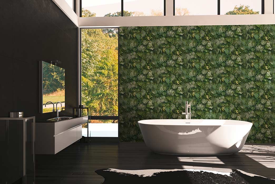 Badezimmer mit Dschungel Tapete, Grüner Blätterwald 