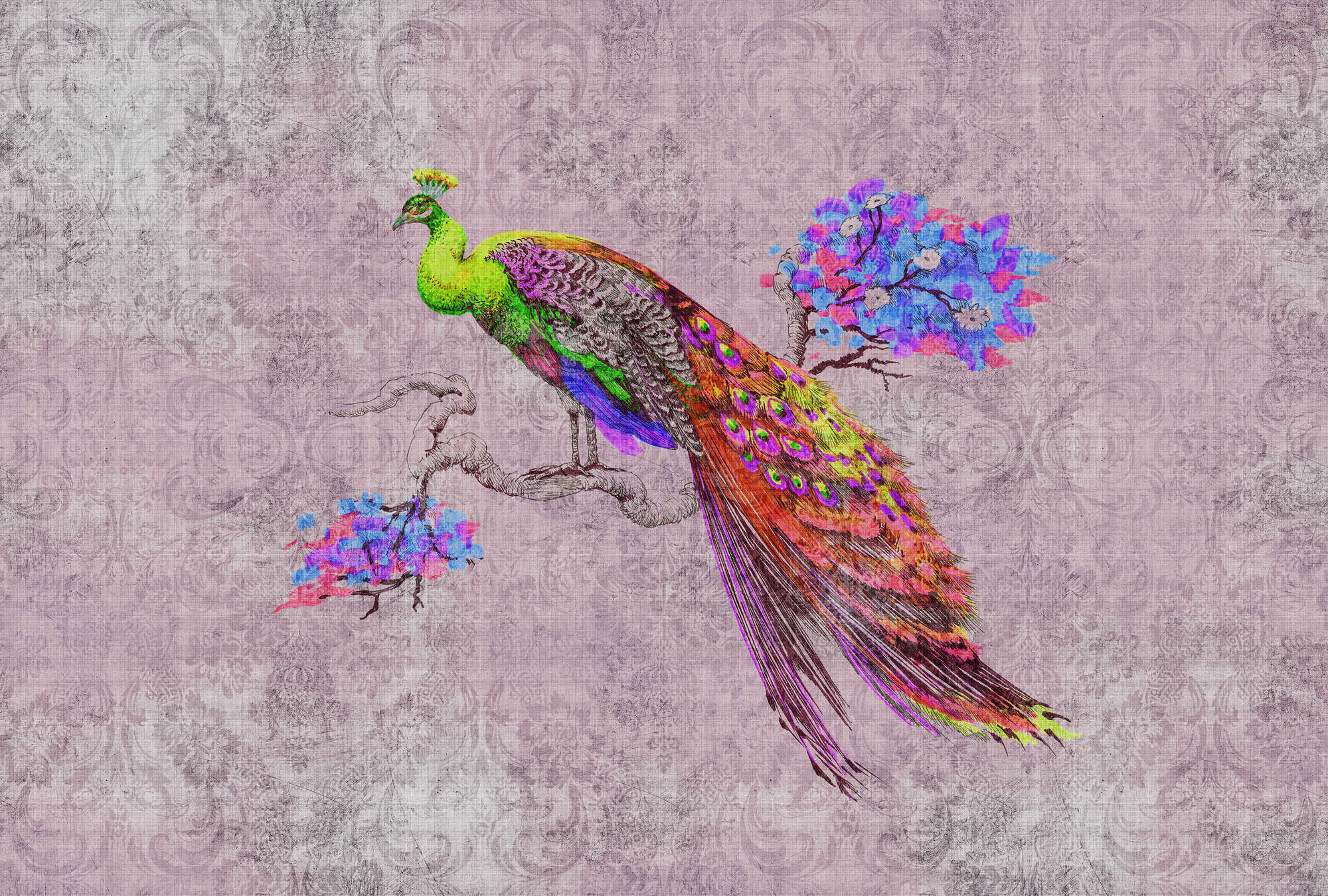             Peacock 2 - Fototapete mit Pfau Motiv & Ornament Muster in naturleinen Struktur – Grün, Rosa | Premium Glattvlies
        