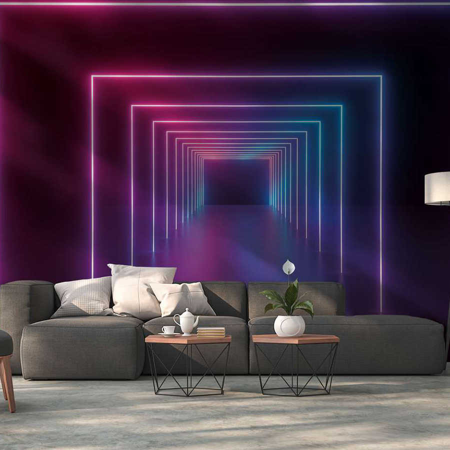 Fototapete Raum mit langem Gang LED Farben – Lila, Blau, Neon

