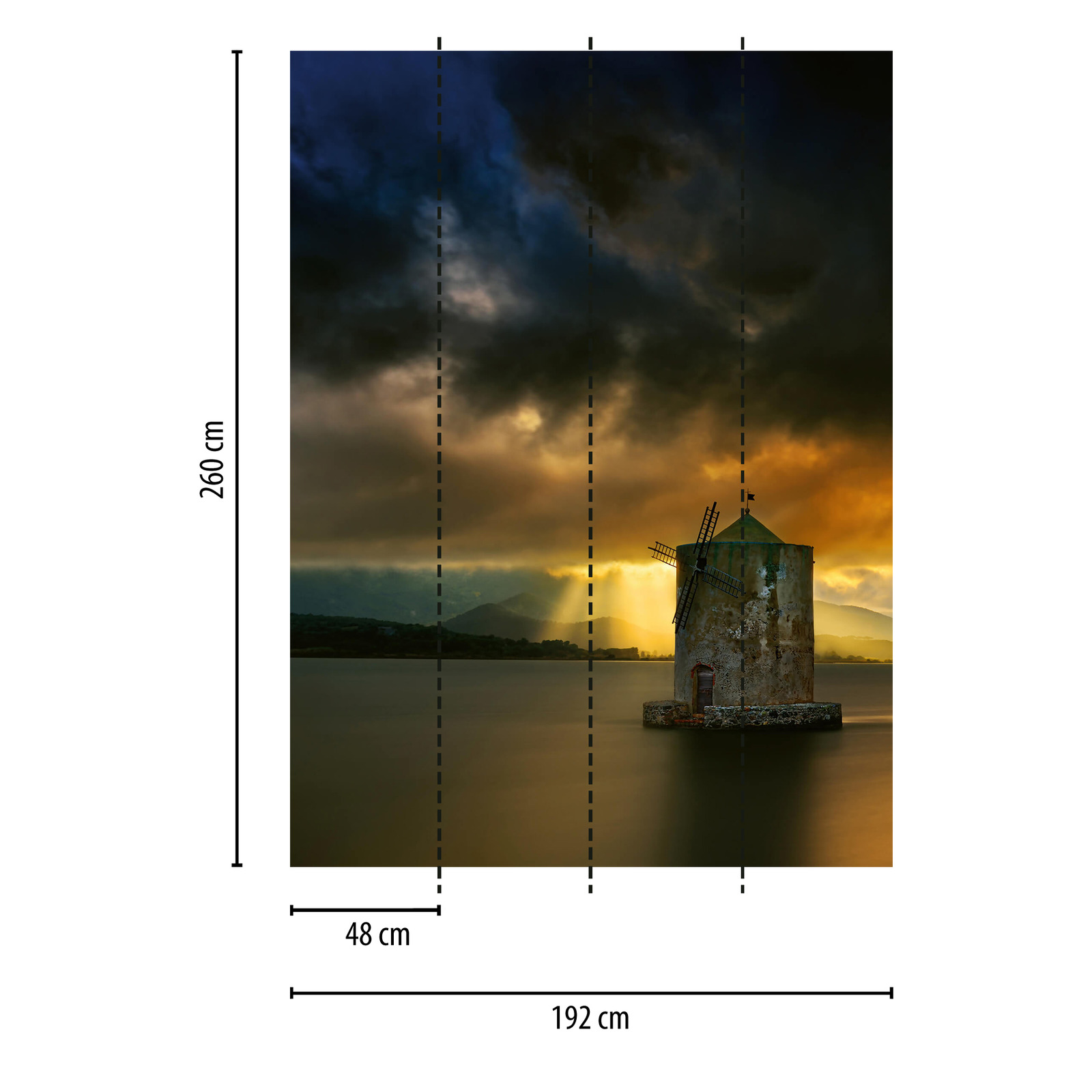             Fototapete Windmühle auf Wasser – Gelb, Orange, Braun
        