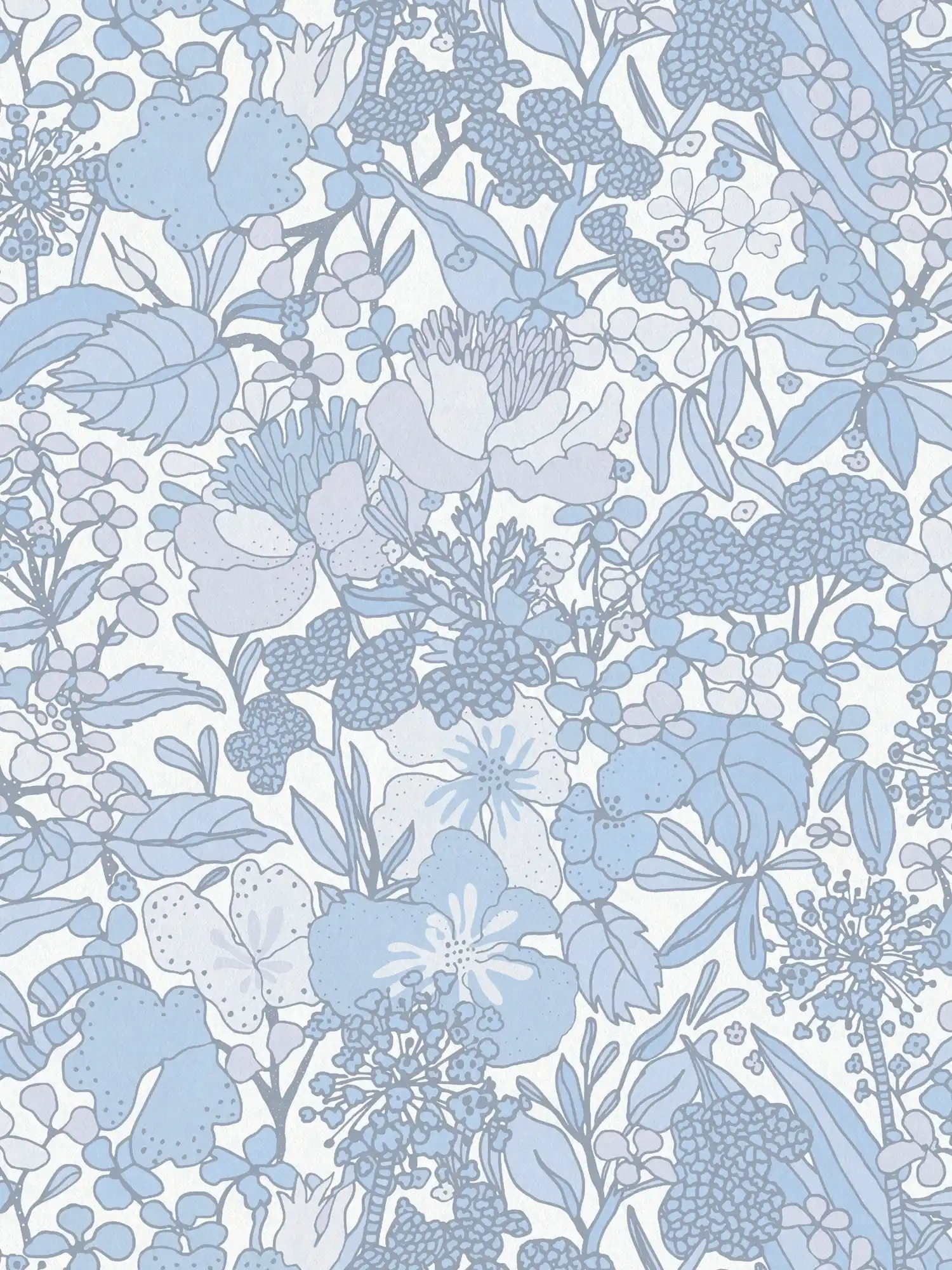 Tapete Blau & Weiß mit 70er Retro Blumenmuster – Grau, Blau, Weiß

