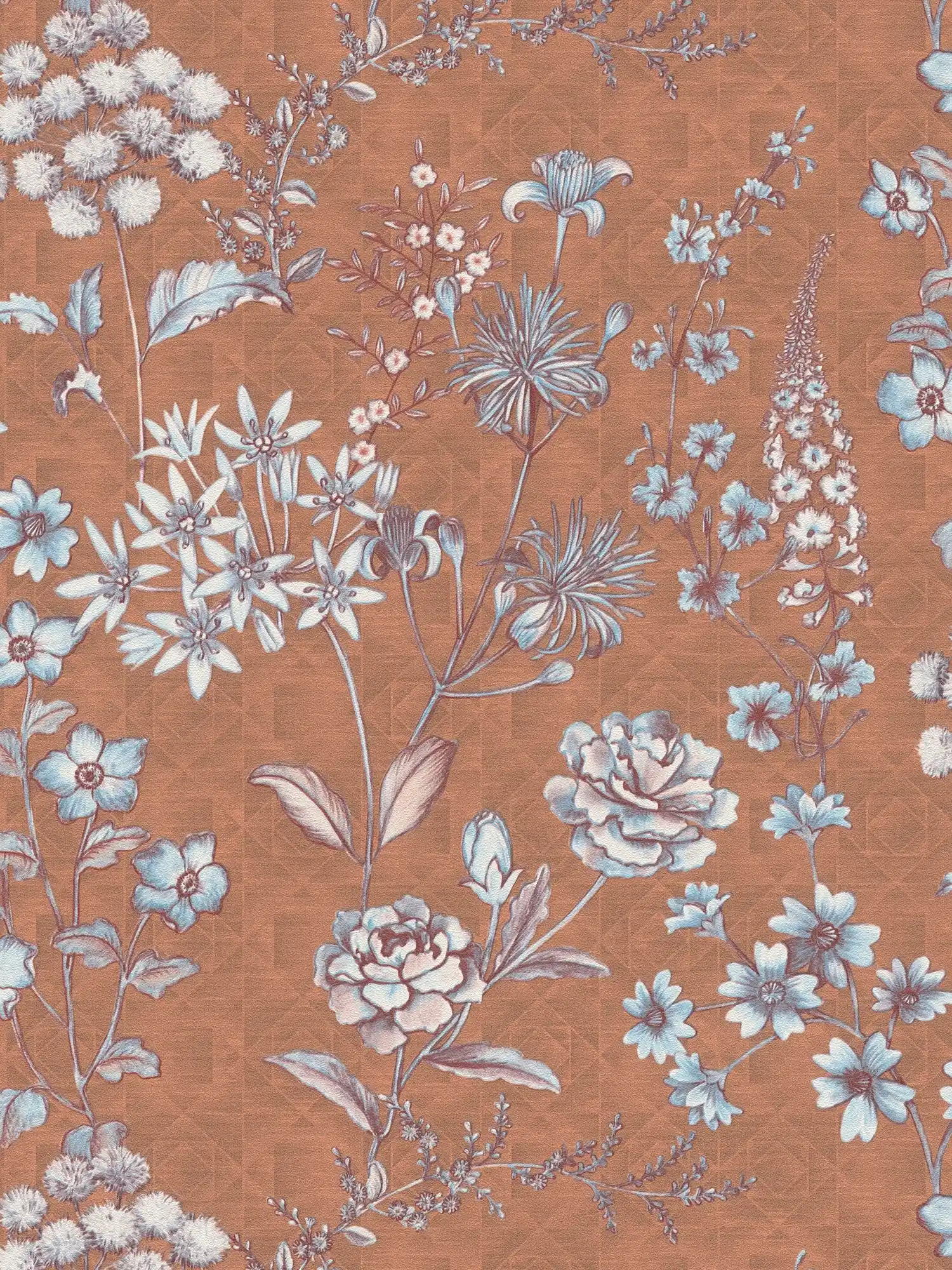 Vintage Blumentapete mit floralem Muster – Orange, Braun, Hellblau

