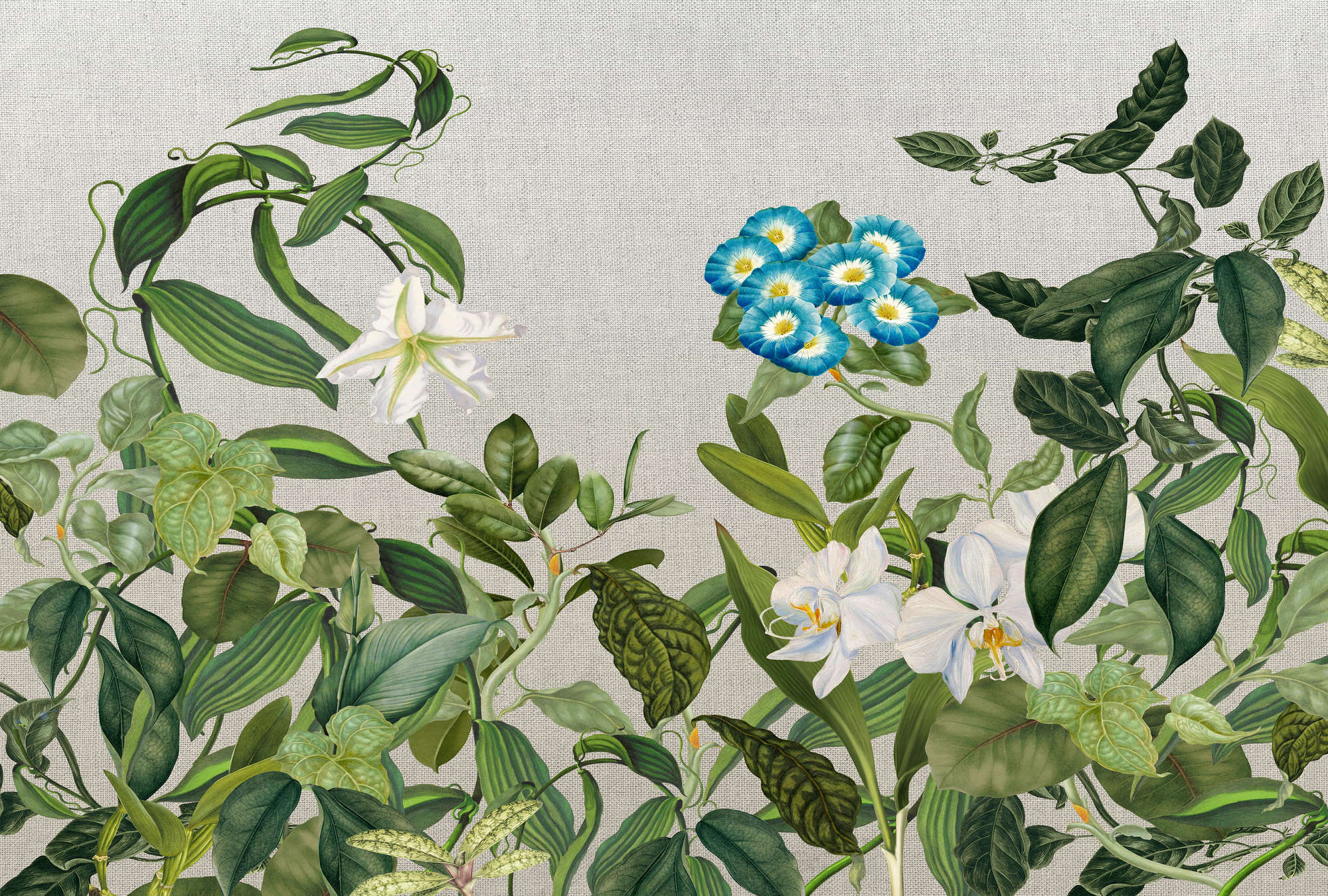             Fototapete mit Blüten, Blättern & Textil-Look – Grün, Grau, Blau
        