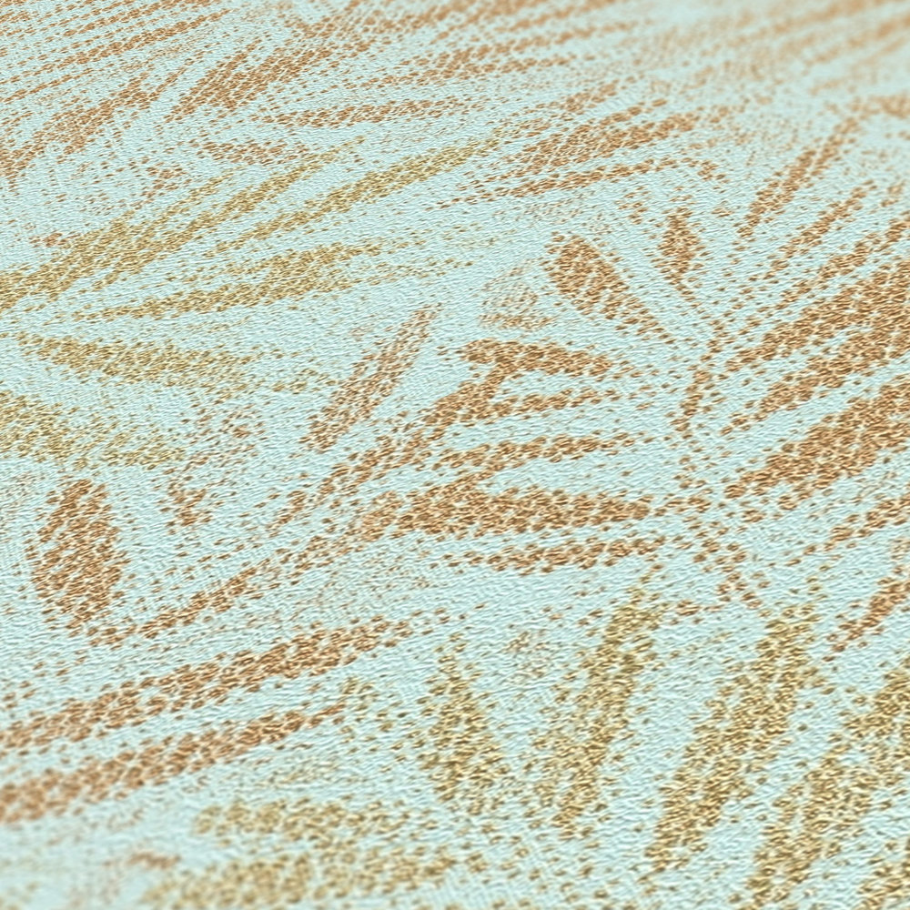             Vliestapet mit Blättermuster & Glanzeffekt – Türkis, Gold
        