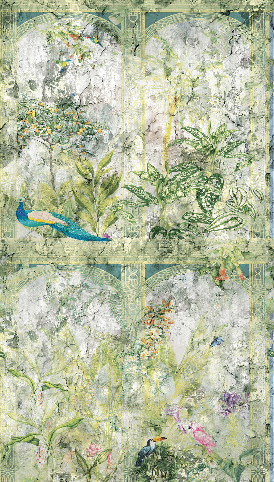             Tapete mit Dschungeloptik und Vögeln im Vintage Stil – Grün, Blau, Grau
        