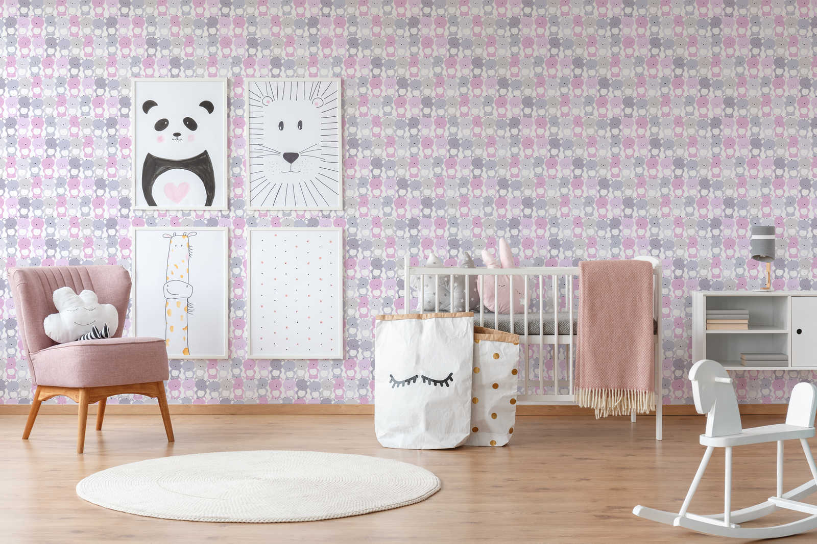            Tapete Kinderzimmer Mädchen Bären Muster – Rosa, Grau , Weiß
        