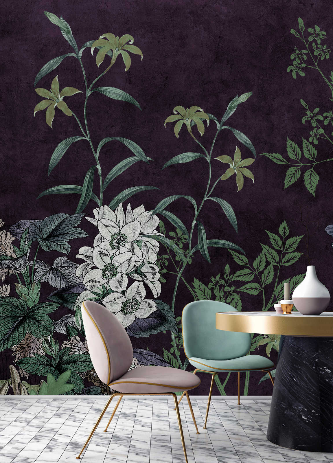             Dark Room 1 – Schwarze Fototapete Botanical Muster Grün
        