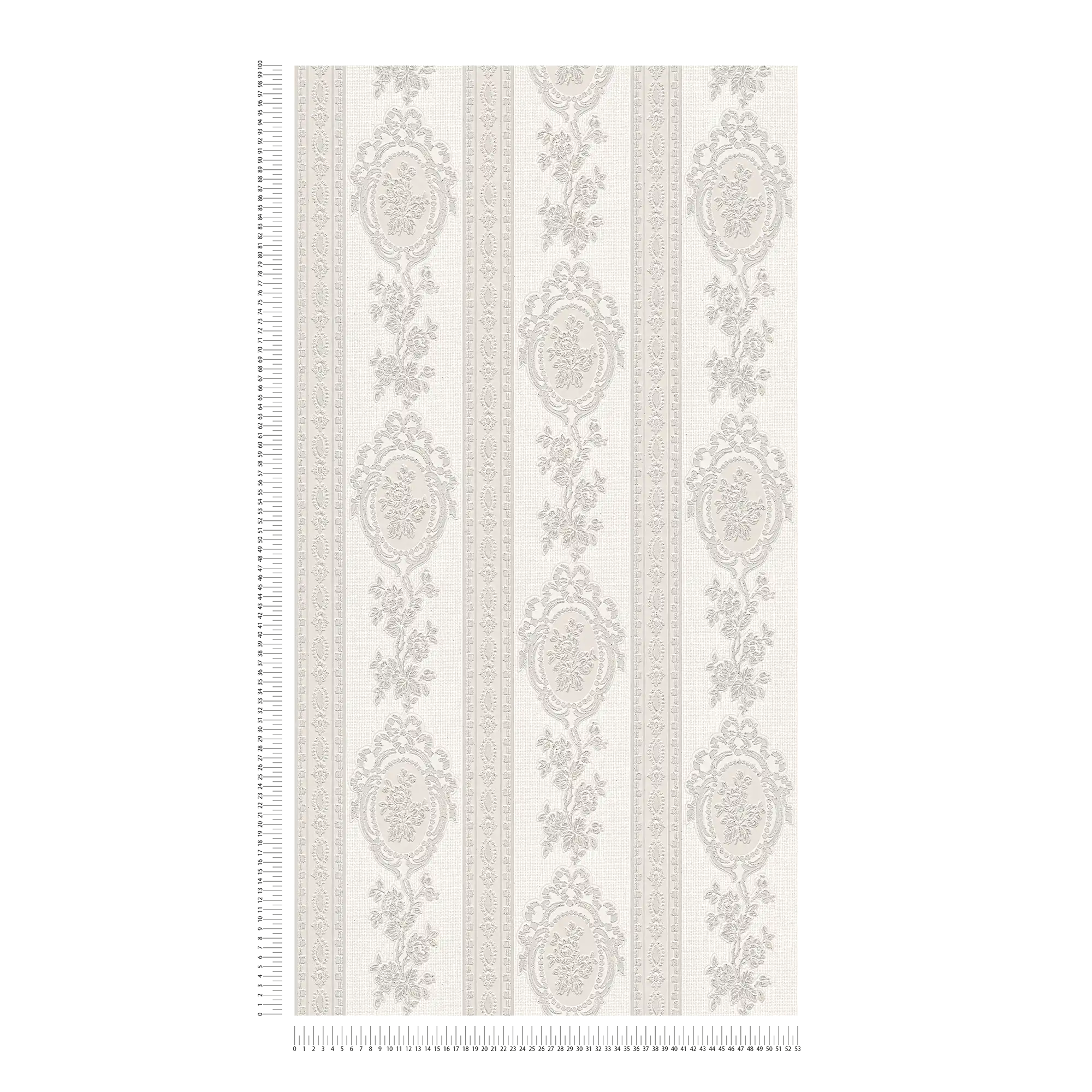             Ornamenttapete florale Elemente, Streifen und Blumen – Grau, Weiß, Silber
        