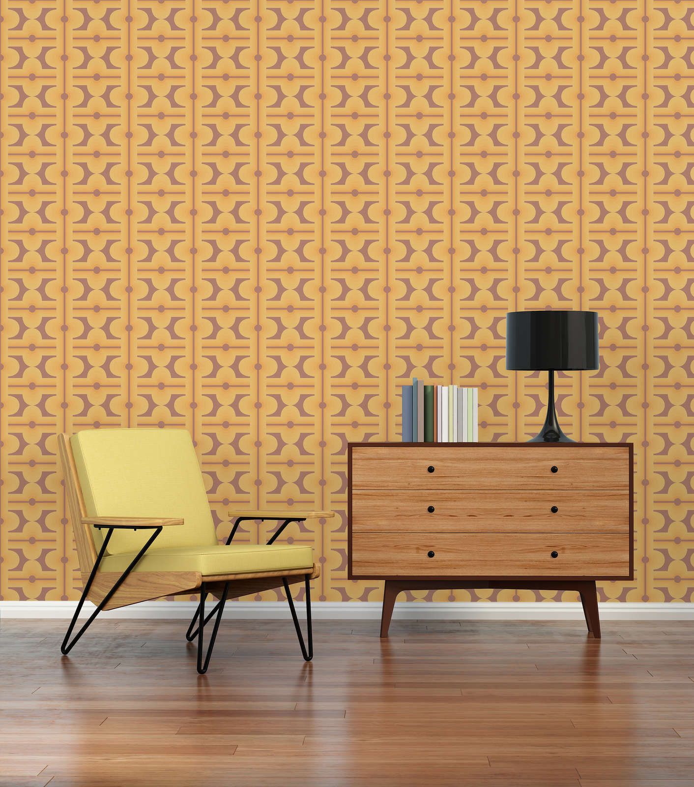             Abstrakte Muster auf Vliestapete der 70er Jahre in warmen Farben – Braun, Gelb, Orange
        