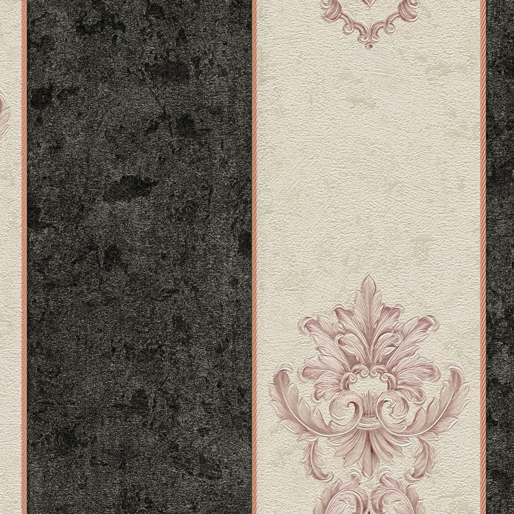             Streifen Tapete Metallic mit Ornament Muster – Creme, Schwarz
        