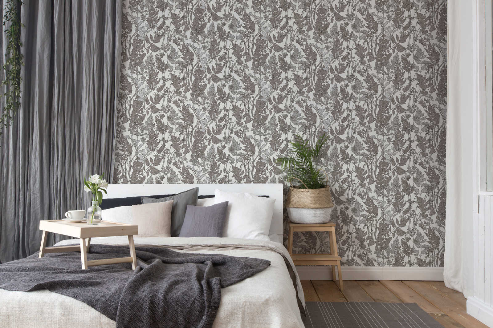             Natur Tapete Blätter & Blüten im modernen Landhaus Stil – Grau, Weiß
        