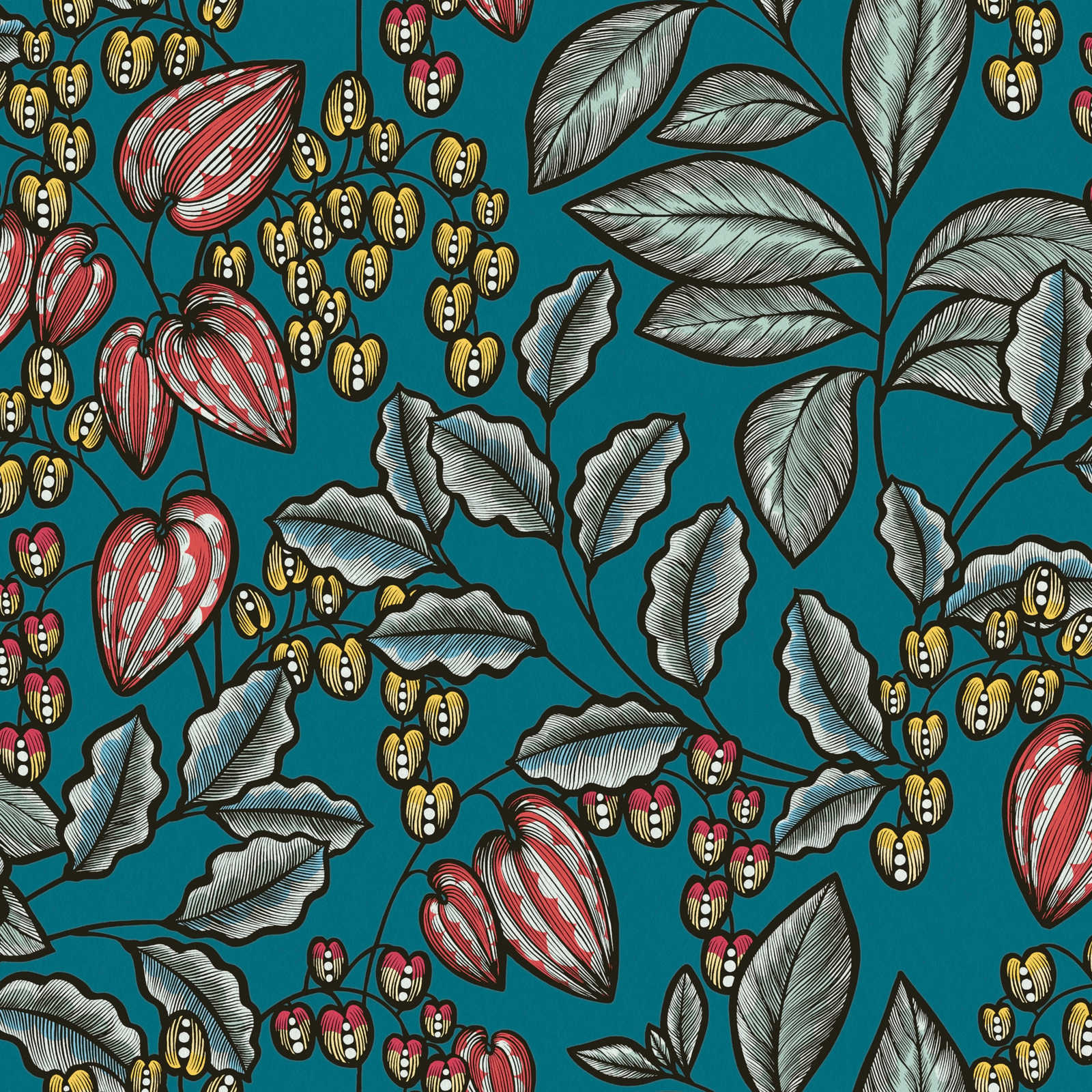         Florale Tapete Blätter & Blüten im modernen Kunststil – Blau, Gelb, Rot
    