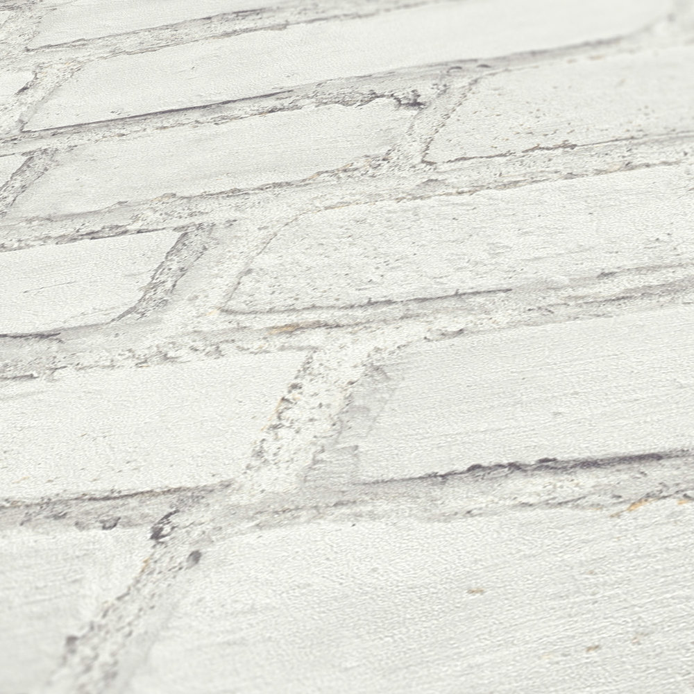             Tapete mit Maueroptik, gestrichene Backsteinwand – Weiß, Grau
        