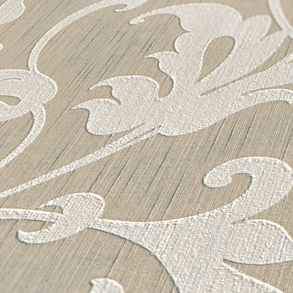             Textil Tapete mit Ornamenten geprägt – Beige, Silber
        