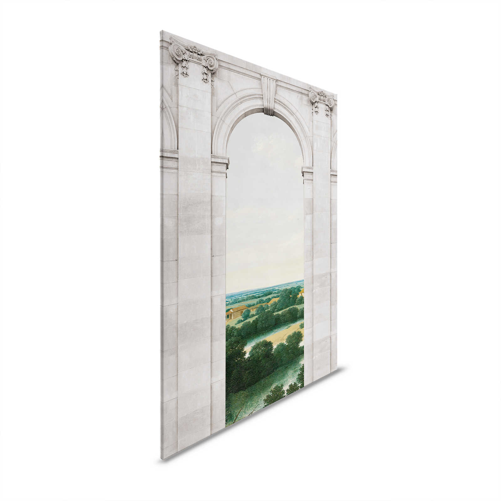 Castello 2 - Fenster Leinwandbild Rundbogen & Ausblick Landschaft – 1,20 m x 0,80 m
