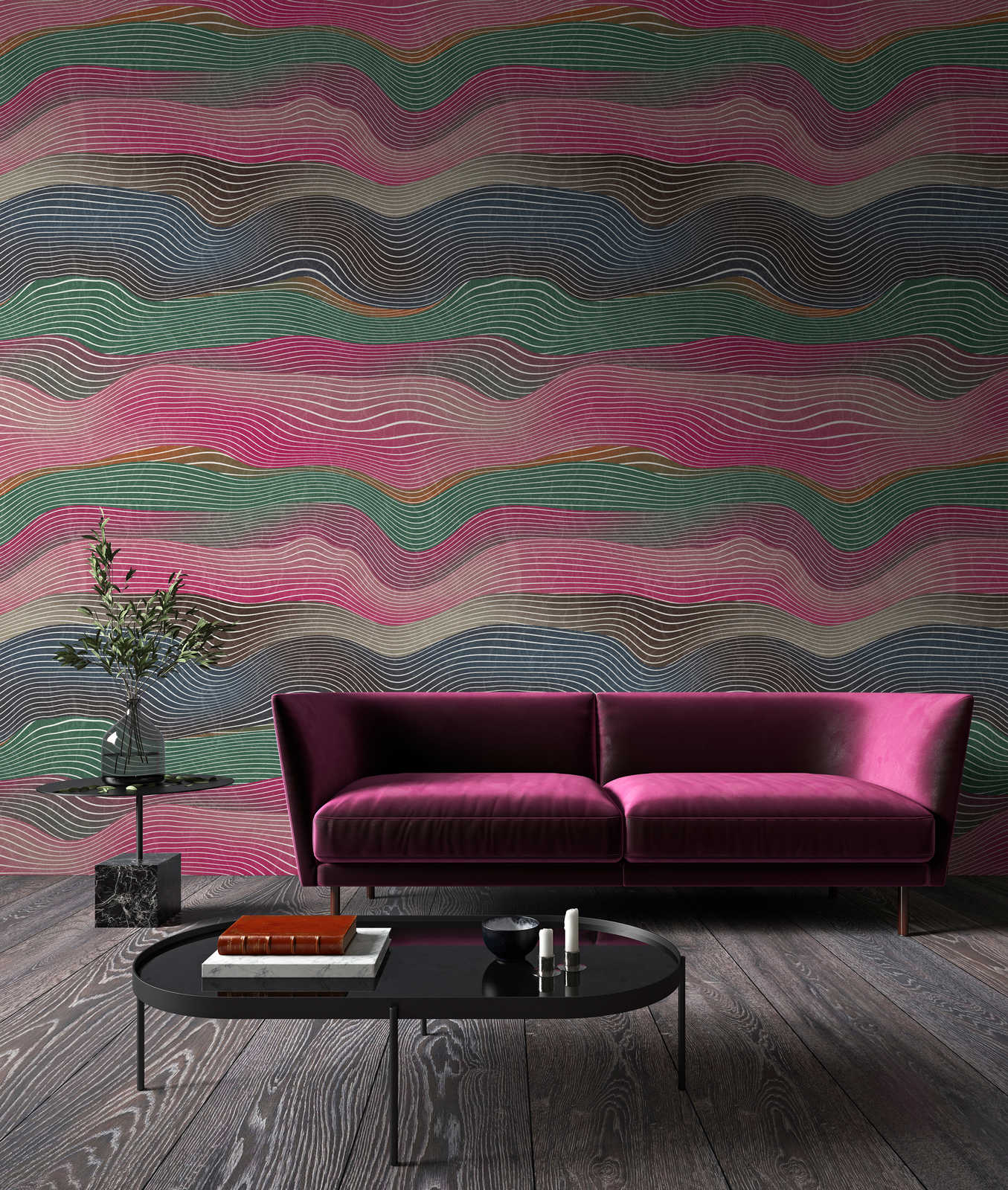             Space 1 – Fototapete Wellen Muster Pink & Grün im Retro Stil
        