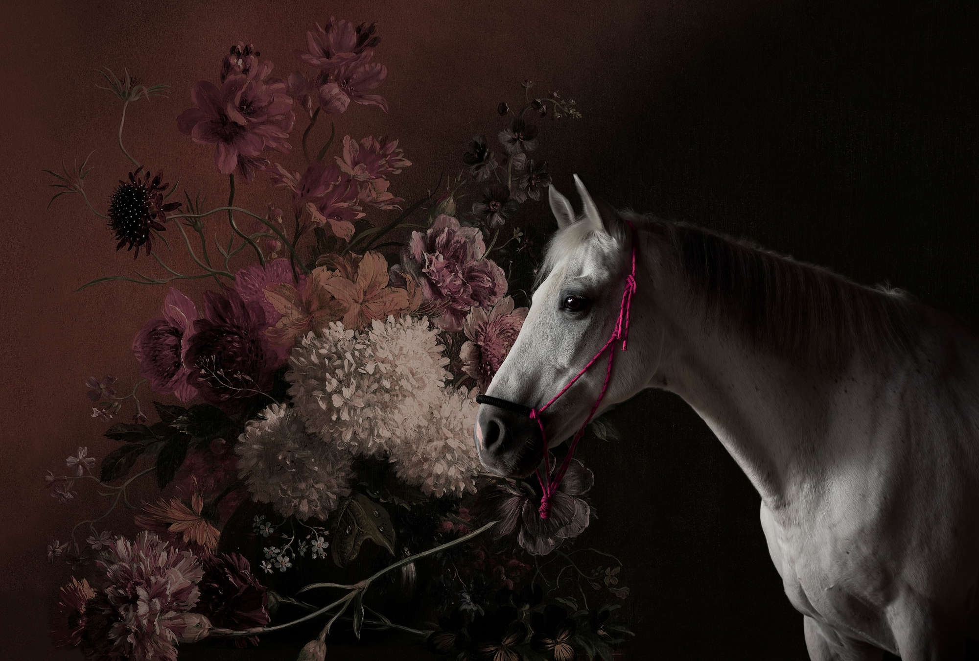             Fototapete Pferde Portrait mit Blumen – Walls by Patel
        