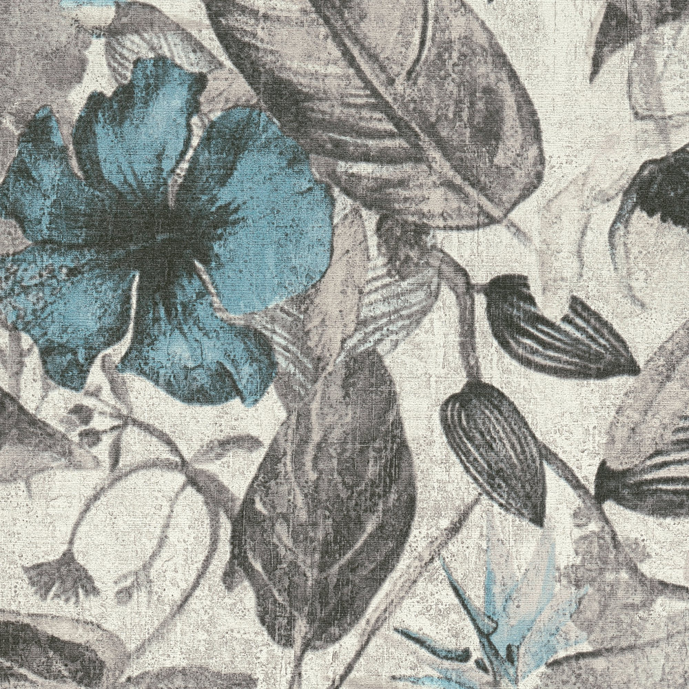             Tapete tropisches Blütenmuster im Textil-Look – Blau, Grau, Schwarz
        