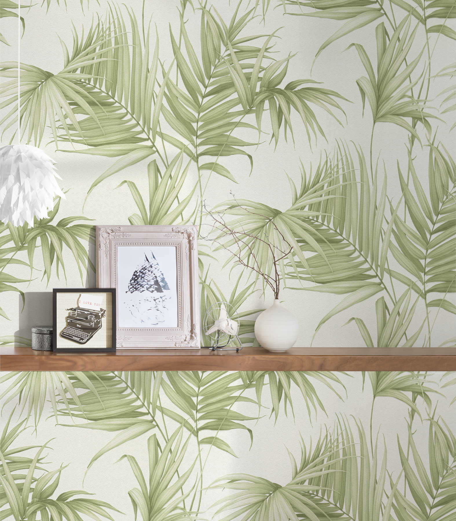             Blätter Tapete mit exotischen Farnblättern – Grün, Weiß
        