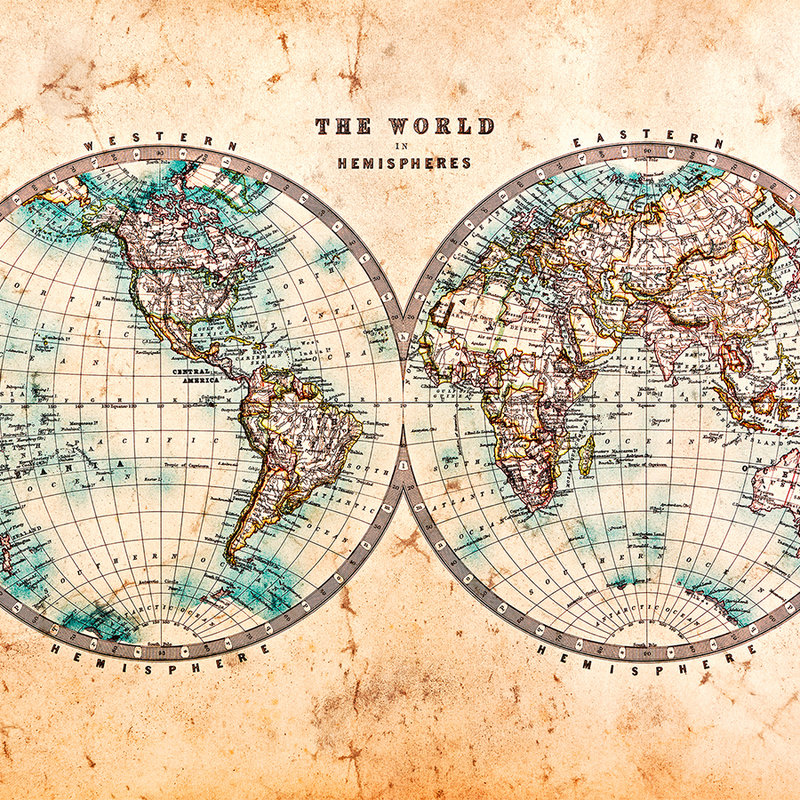 Vintage Weltkarte in Hemisphären – Braun, Beige, Blau
