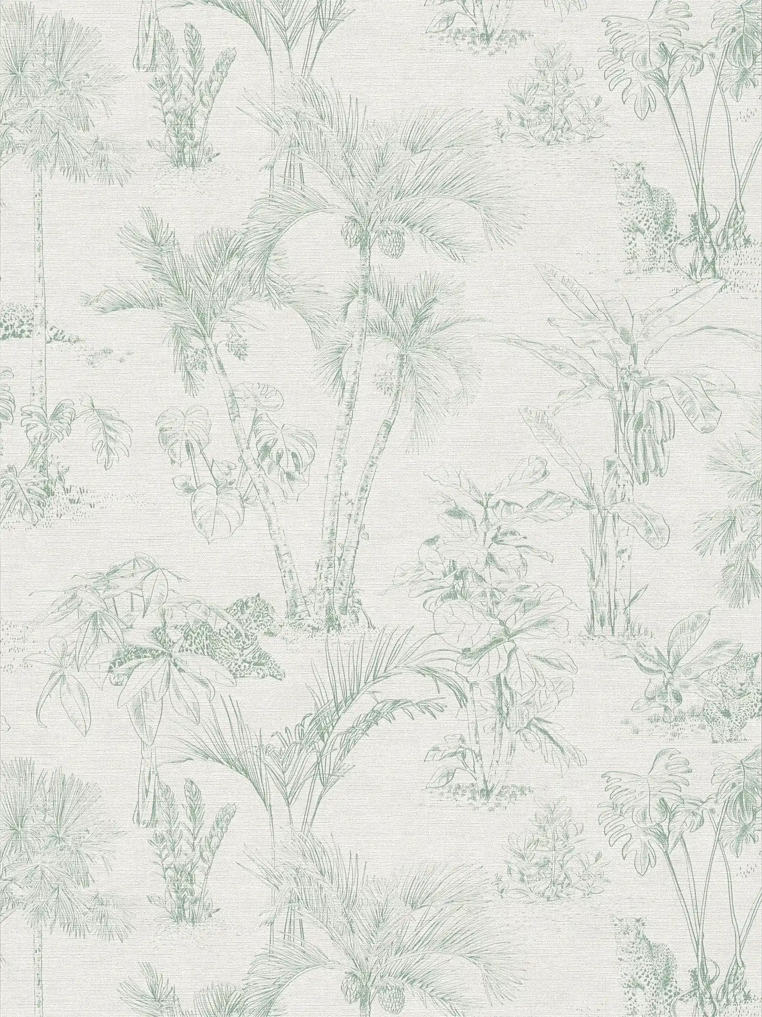 Leinenoptik Tapete Dschungel Design mit Palmen – Grau, Grün
