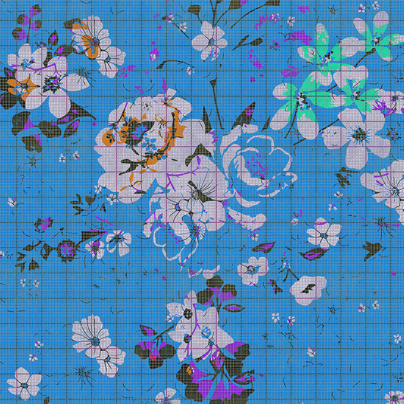 Flower plaid 3 - Fototapete buntes Blumenmosaik Blau - Karierte Struktur – Blau, Grün | Mattes Glattvlies
