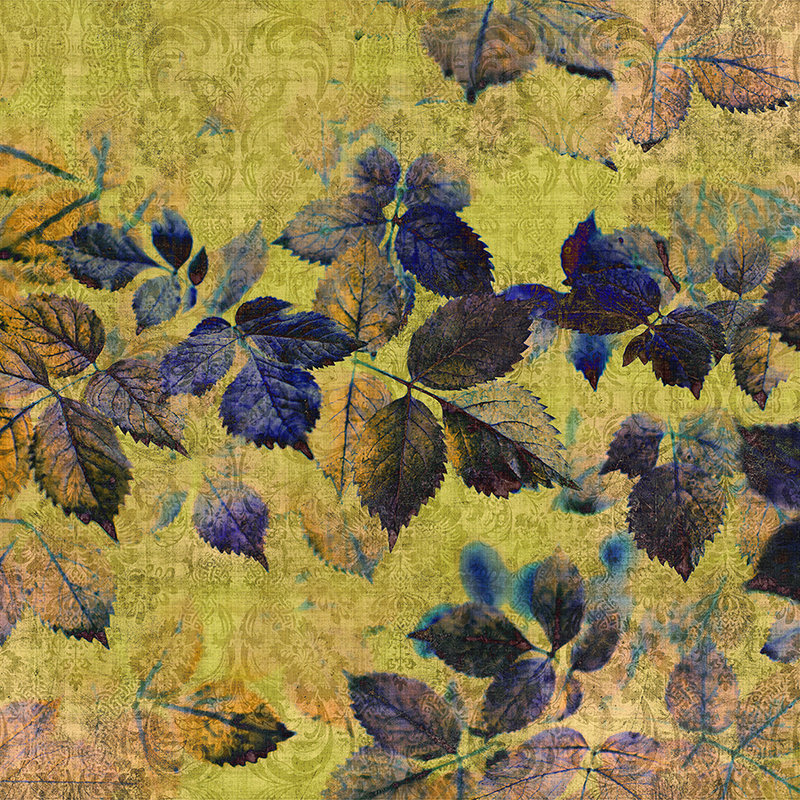 Indian summer 1 - Fototapete mit Blättern und Ornamenten in naturleinen Struktur – Gelb, Orange | Perlmutt Glattvlies
