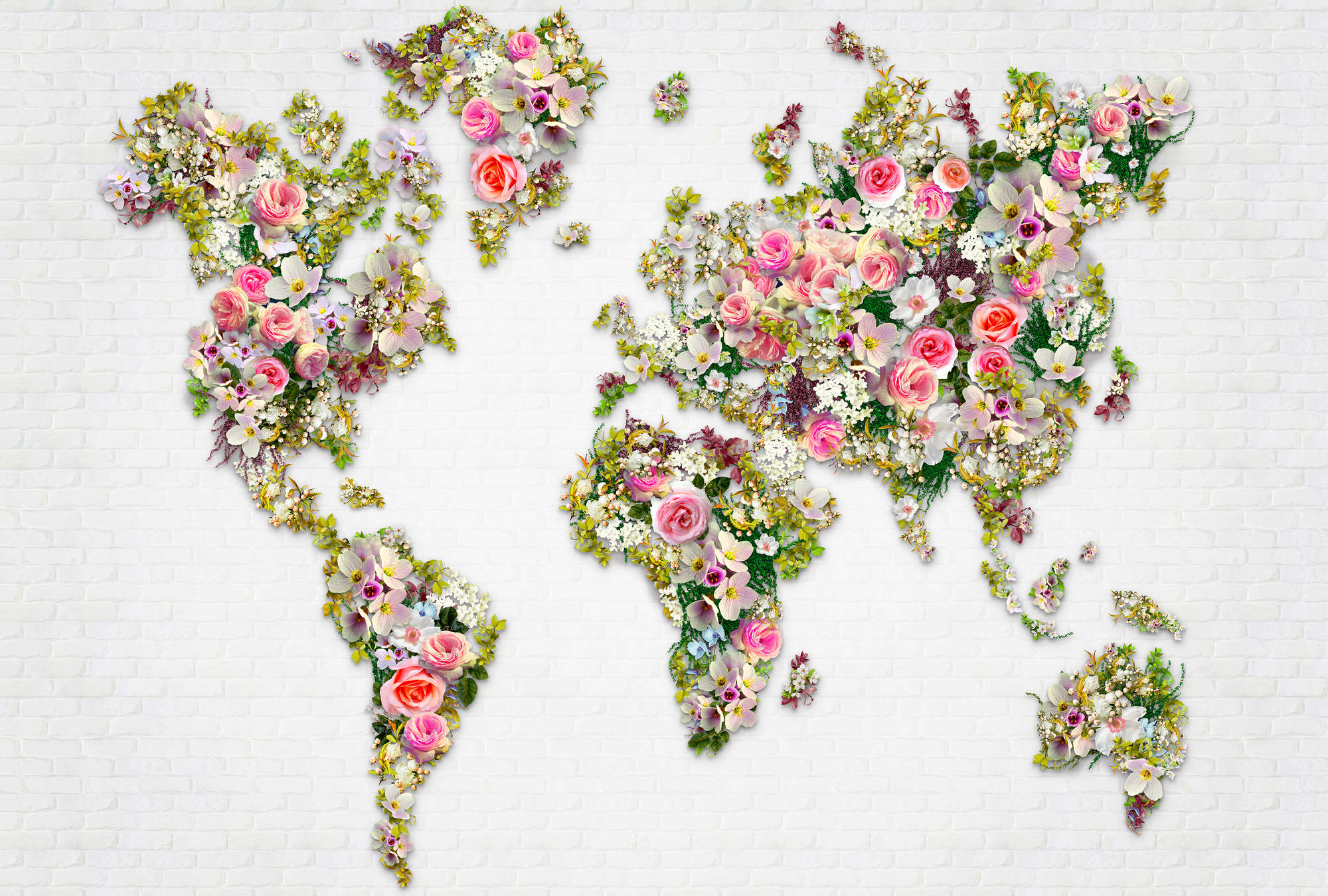             Fototapete Rosen & Blüten als Weltkarte auf weißer Wand
        