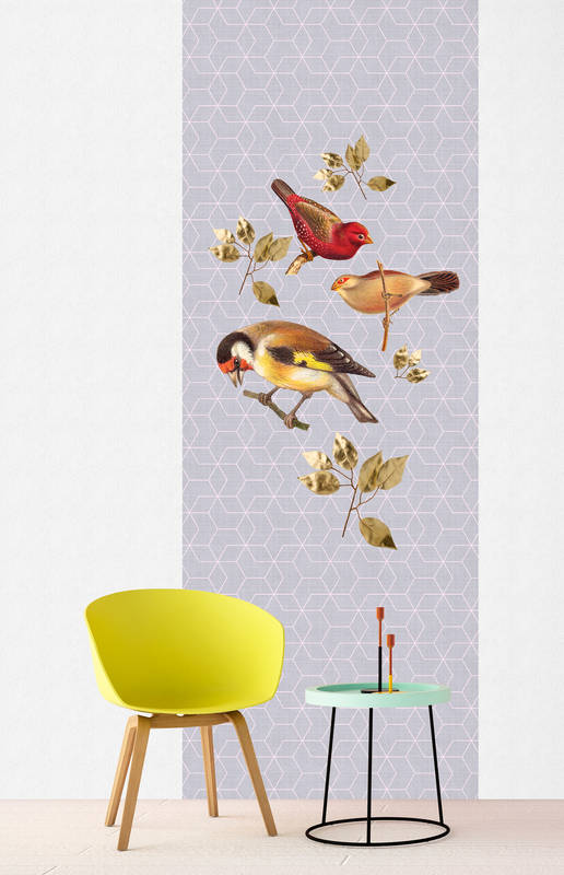             Birds Panel - Fotopaneel mit Vögeln & geometrischem Muster-Naturleinen Struktur – Blau, Violett | Premium Glattvlies
        