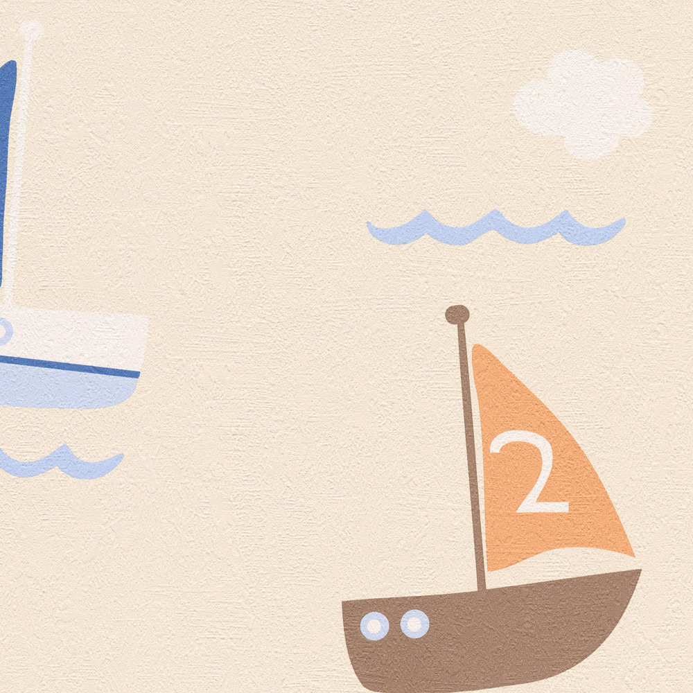             Kinderzimmertapete mit Schiff, Boot & Leuchtturm – Blau, Beige
        