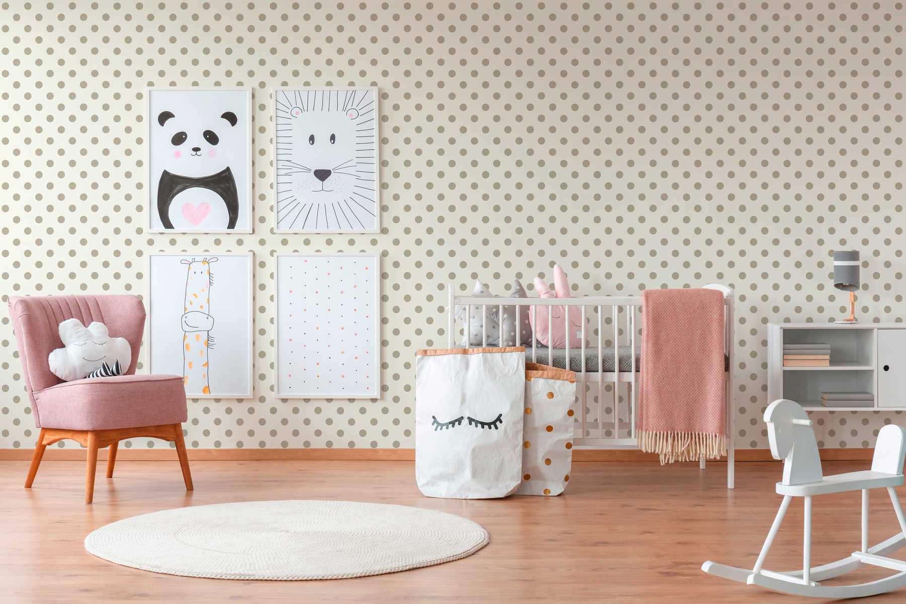             Vliestapete Punkte, Polka Dots Design für Kinderzimmer – Beige, Taupe
        