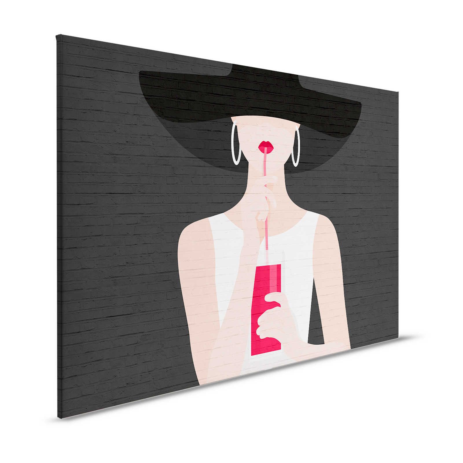 Schwarzes Leinwandbild Frau mit Cocktail & Mauerwerk – 1,20 m x 0,80 m
