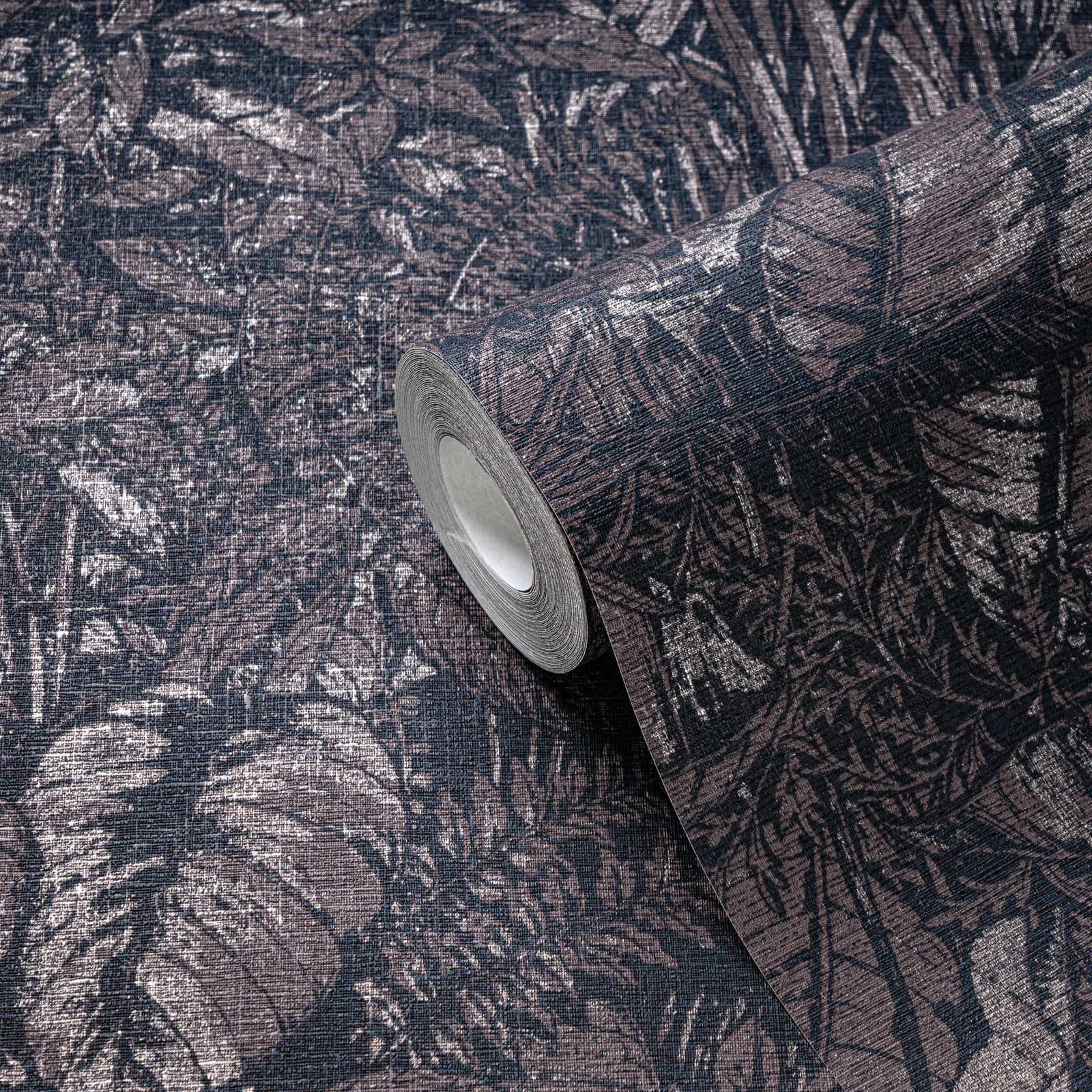             Dschungel Tapete leicht glänzend mit Blatt Muster – Braun, Schwarz, Silber
        