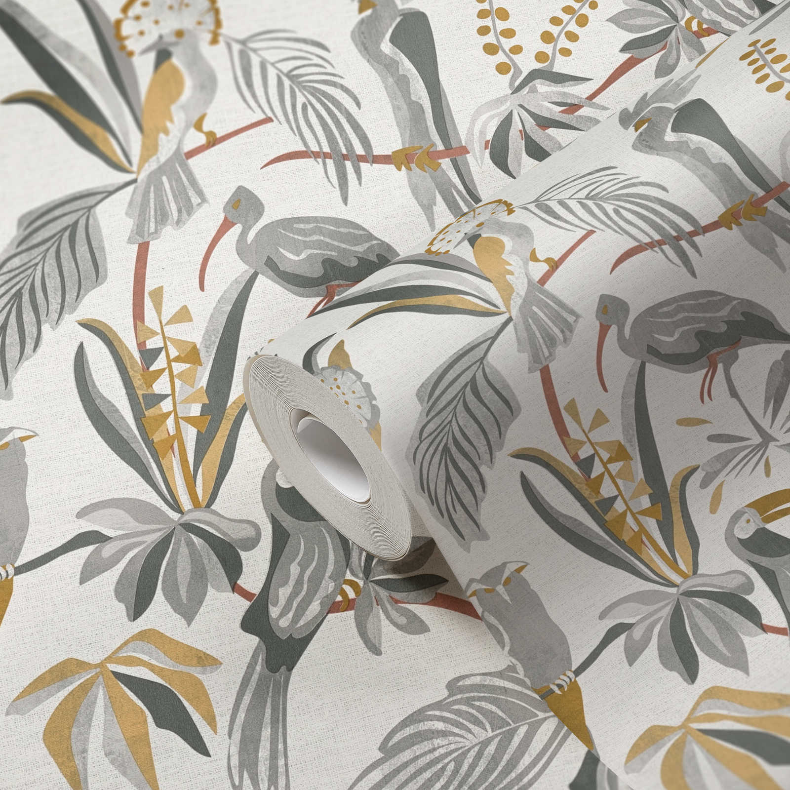             Dschungeltapete mit Palmblättern & Vögeln in Leinenoptik – Grau, Gold
        