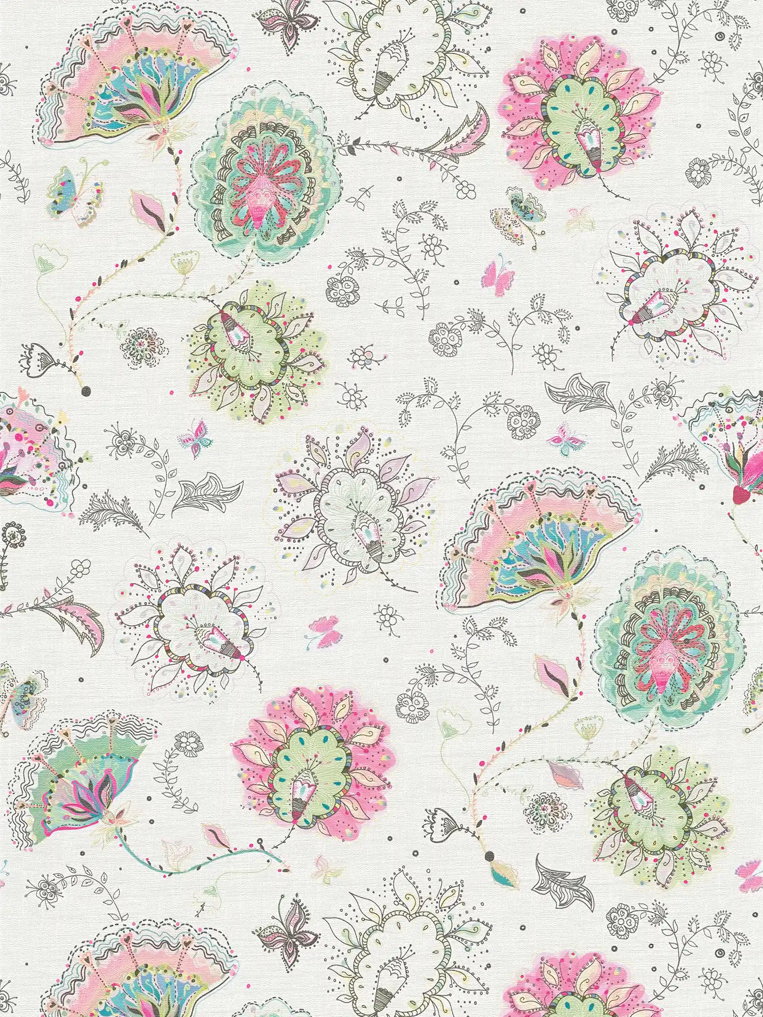 Blumenmuster Tapete in kräftigen Farben – Creme, Grün, Rosa
