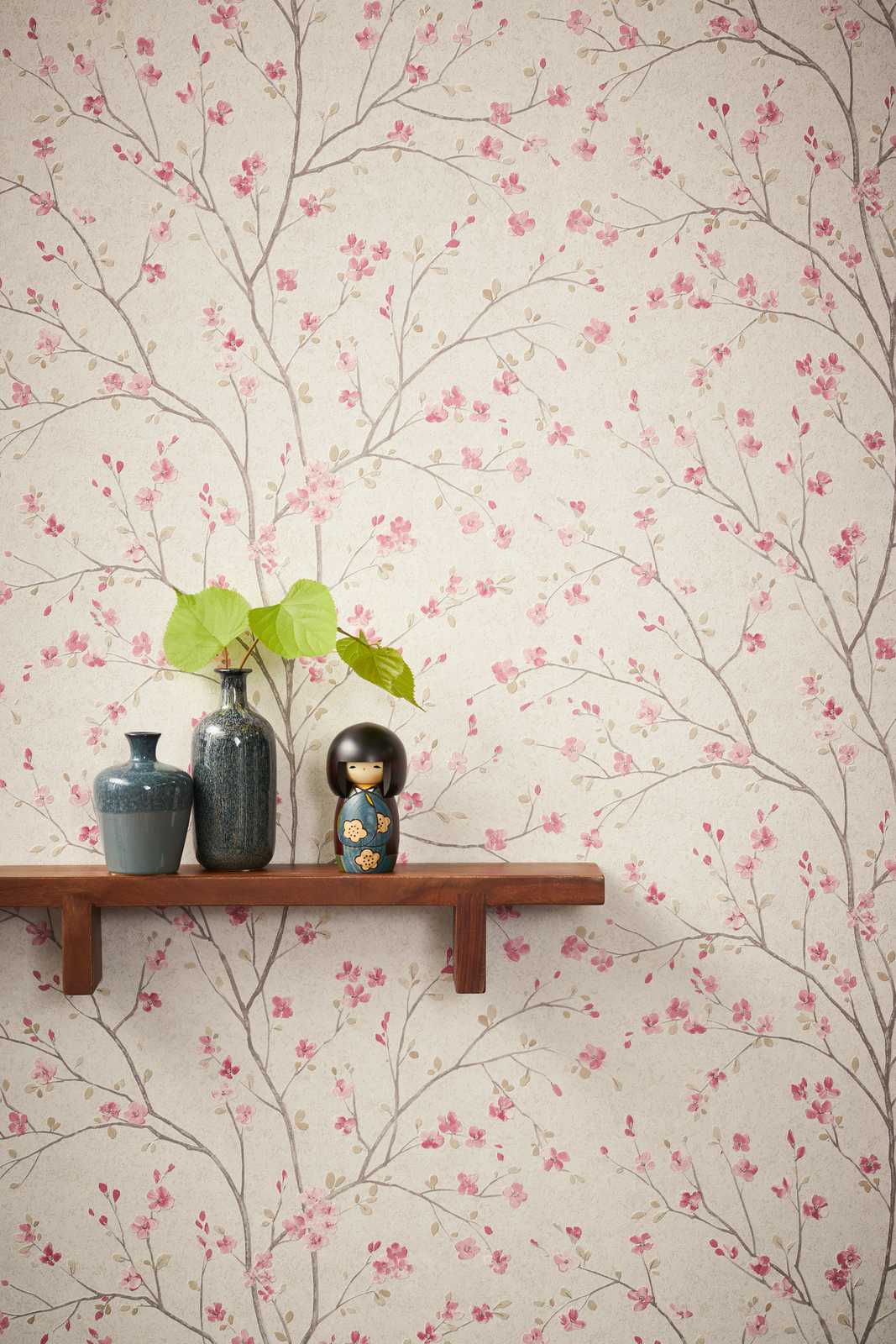             Vliestapete mit Kirschblüten Design im Asian Style – Braun, Rosa, Weiß
        
